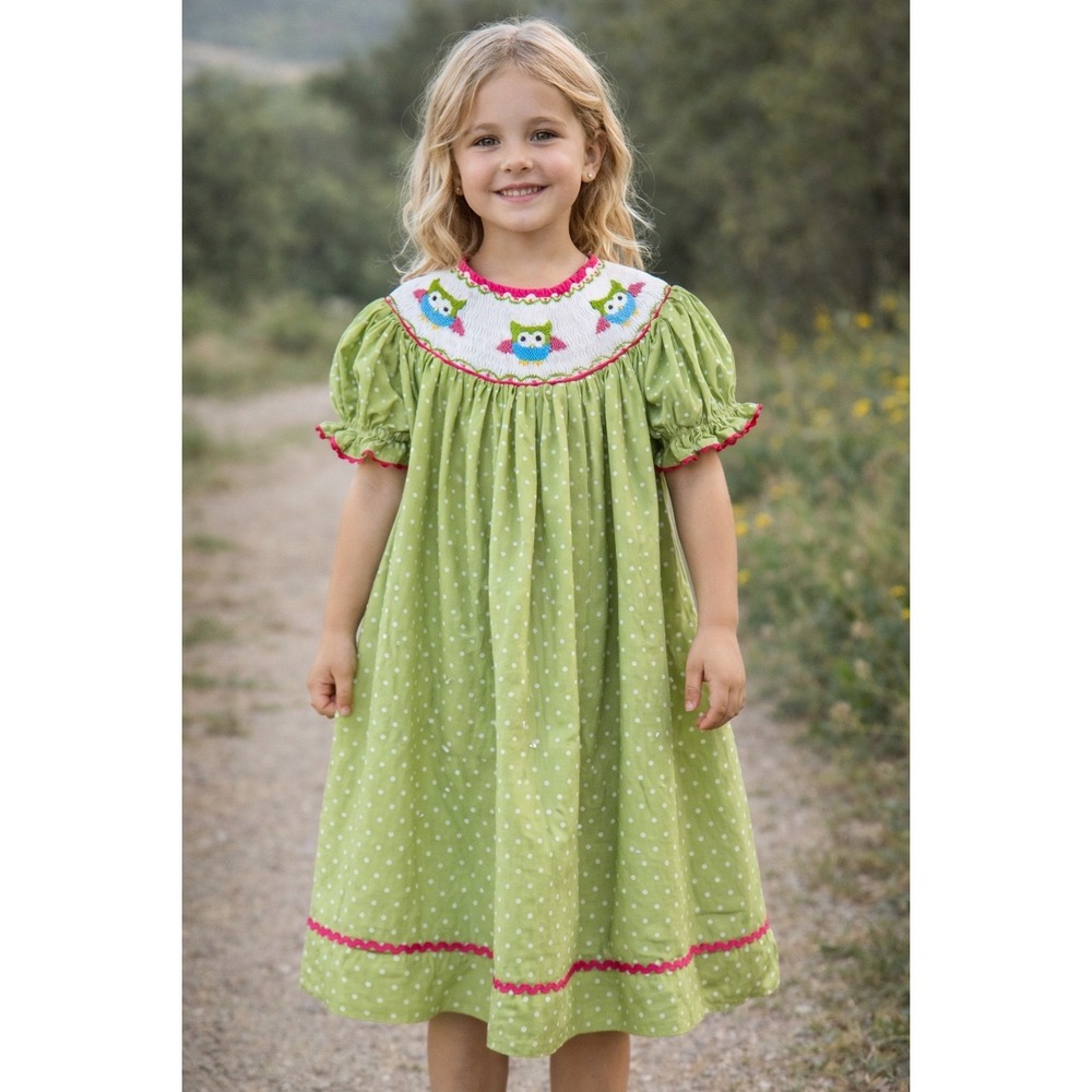 Girls' Lime Green Owl Smocked Casual Dress